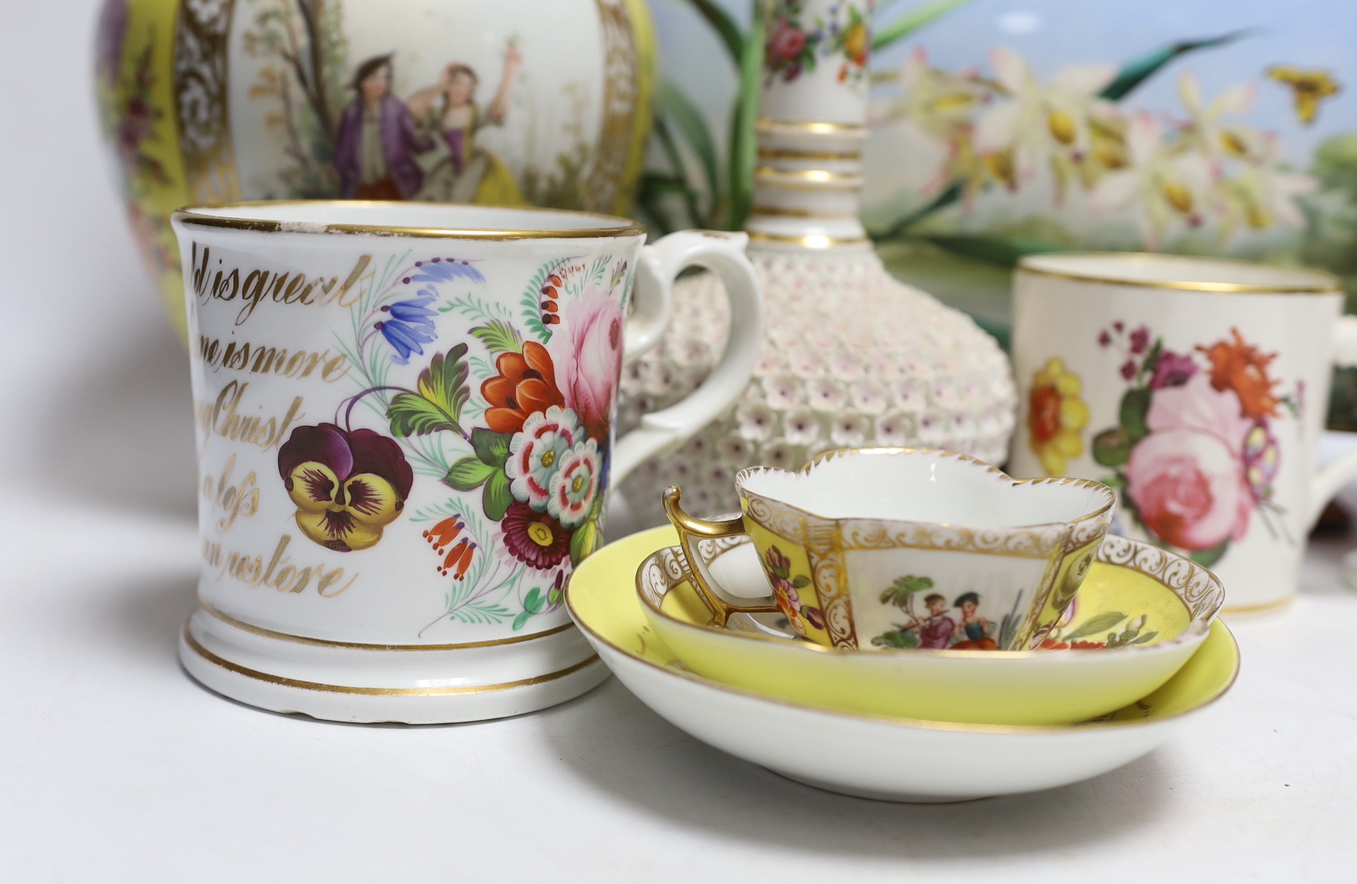 A Dresden jar and cover and similar cup and saucer, a large floral vase, two floral mugs, a floral encrusted bottle and stopper and two other items, largest 28cm high (8)